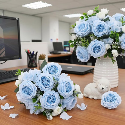 Peonies Artificial Flowers 12 Bundles Pink Flowers Bouquet, Lifelike Silk Fake Peonies with Stems for Home Table Centerpieces, Wedding, Party & DIY Bridal Floral Arrangements (Blue)