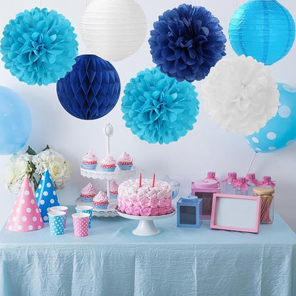 Blue Paper Flowers Tissue Pom Poms Honeycomb Lanterns 15pcs Light Royal Navy Party Decorations Boy Birthday Ocean Wedding Baby Bridal Shower Bachelorette Graduation Hanging Supplies Mprocherify