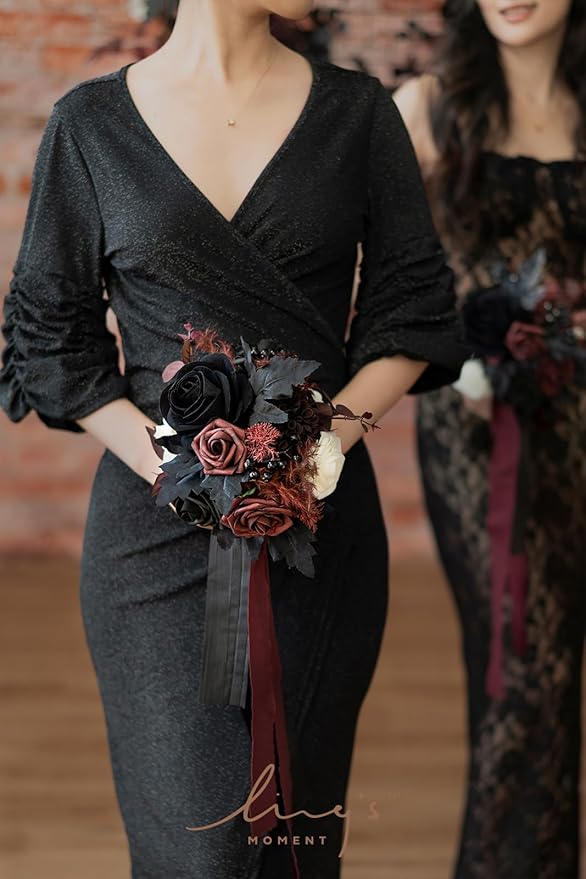 Ling's moment Artificial Flowers Gothic Bridesmaid Bouquet Set of 4, Burgundy and Black Wedding Flowers Bouquets for Bridesmaids 7 Inch Bridal Bouquets for Bridesmaids, Wedding, Ceremony, Anniversary