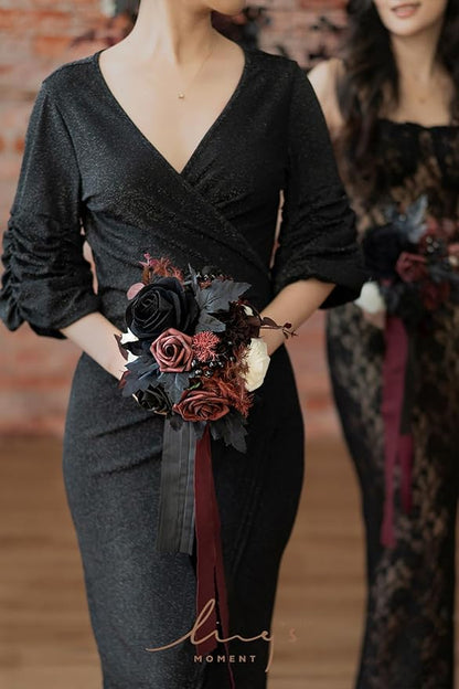 Ling's moment Artificial Flowers Gothic Bridesmaid Bouquet Set of 4, Burgundy and Black Wedding Flowers Bouquets for Bridesmaids 7 Inch Bridal Bouquets for Bridesmaids, Wedding, Ceremony, Anniversary