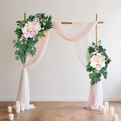 Artificial Wedding Arch Flowers (Pack of 2), White Wedding Flowers for Wedding Welcome Ceremony Sign, Faux Floral Swags, Banquet and Reception Backdrop Floral Decoration (White & Pink)