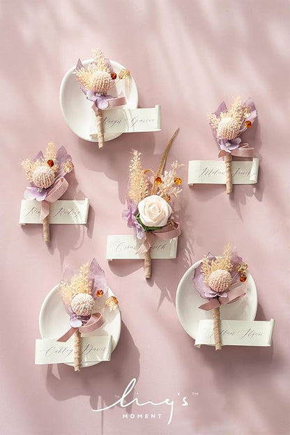 Ling's moment Boutonniere for Men, 6pcs Groom Groomsmen Boutonniere, Artificial Flowers for Wedding Decor/Prom/Homecoming, etc.Purple Lilac Boho