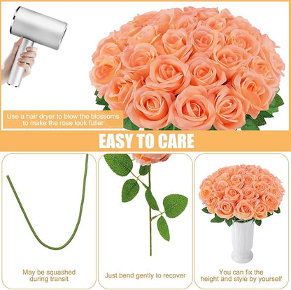 36 Pcs Peach Pink Artificial Roses with Long Stems, Fake Silk Rose Artificial Flowers Bulk for Bridal Wedding Bouquet Centerpiece Ball Arrangement Party Decor