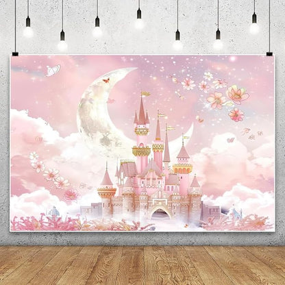 AOFOTO Castle Backdrop Princess Spring Pink Floral Moon Printed Fairy Tale Photography Background for Girl Birthday Baby Shower Party Banner Home Decor Wall Photo Studio Booth Props 6x4ft