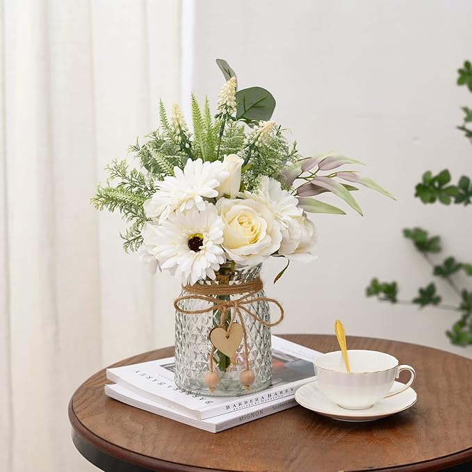 Artificial White Flowers with Vase, Fake Flowers Arrangement for Home Decor, Faux Flowers for Farmhouse Coffee Table Decor, House Kitchen Centerpiece Table Decorations