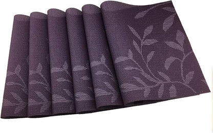 Gugrida Place Mats PVC Set of 6, Table Placemats Set of 6 PVC Woven Vinyl Place Mats Table Mats Natural Color (6 pcs, Purple Leaves)
