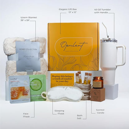 Luxury Self Care Gifts for Women, Get Well Soon Gift Basket, Care Package for Women with Cozy Blanket, 40oz Tumbler, Candle, Bath Salts, Spa Gift Box and Birthday Hug in a Box for Her, Golden Honey