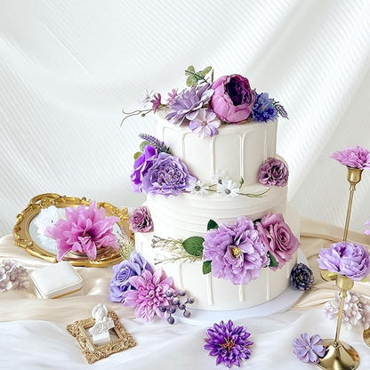 Dusty Purple Artificial Flowers Combo Box Set Silk Dahlia Roses with Stems Lilac Lavender DIY Bridal Wedding Bouquets Cake Top Fake Floral Arrangements Baby Shower Party Table Centerpieces Home Decor