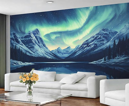 Northern Lights Mountain Wall Mural, Aurora Borealis Lake 3D Wall Murals, Snowy Peaks Starry Sky Wallpaper Mural, for Living Room Bedroom Large Wallpaper Indoor Decor 169.3" W x118.2 H