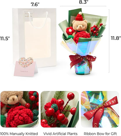 Christmas Crochet Flower Bouquet, Handmade Knitted Flowers with Rose Holly, for Lover Mother Women Family Friends, Lasting Holiday Home Decor