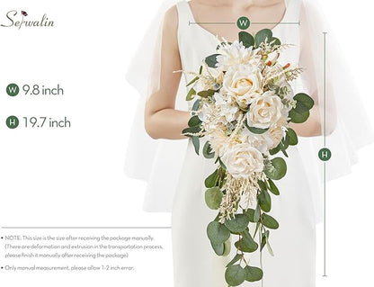 Serwalin 9.8in Wedding Bouquets for Bride, Boho Champagne Roses & Dahlia Flowers for Wedding Decoration