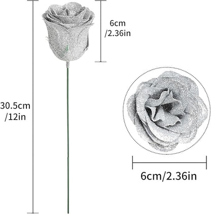 Glitter Roses Bouquet,30PCS Silver Roses Fake Roses Artificial Flowers for Wedding Bouquet Party Christmas Home Decor(Silver)