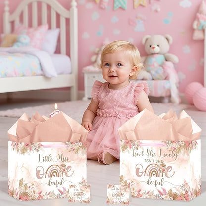 Onederful 1st Birthday Gift Bag for Baby Girl, Boho Floral First Birthday Gift Bags with Tissue Paper Greeting Card Little Miss Onederful Wrapping Paper Bag for Newborn Baby Shower One Year Old Party