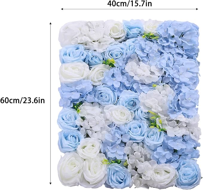 4pcs 3D Artificial Flower Wall Panels - Blue White Backdrop 24 x 16 Inch - Realistic Fake Flower Background Decor for Wedding, Birthday Party and Baby Shower