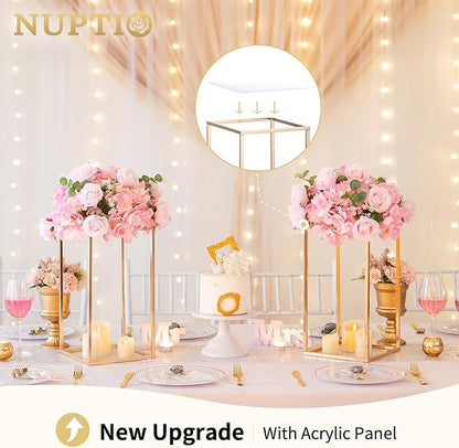 NUPTIO Gold Metal Rectangular Vase, 2 Pcs 15.75 inches Tall, Elegant Floral Centerpiece for Wedding, Housewarming, Mother's Day, Birthday, Anniversary, Party Decorations