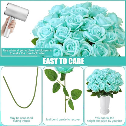 36 Pcs Turquoise Artificial Roses with Long Stems, Fake Silk Rose Artificial Flowers Bulk for Bridal Wedding Bouquet Centerpiece Ball Arrangement Party Decor
