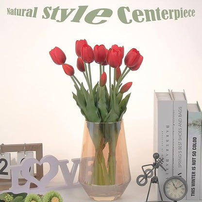 20pcs Artificial Tulip Flowers,16 Inch Real Touch Tulip Stems with Faux Leaves, Faux Tulips and Buds for Home Décor Centerpiece Ornament Wedding Bouquet,Red