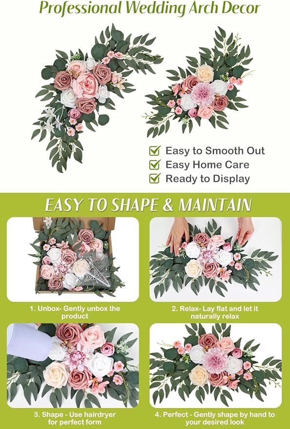 Wedding Arch Flowers Set of 2, Artificial Wisteria & Greenery Garland for Wedding Ceremony Backdrop, Wedding Floral Arrangement for Arch, Photo Booth & Reception Decor (Dusty Rose)