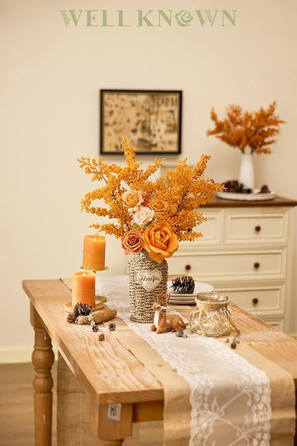 WELL KNOWN 4 Pcs Glitter Artificial Cedar Spray 19.5" Orange Floral Picks Faux Cedar Pine Branches Stems, Orange Floral Arrangements for Home Vase Wedding Wreath Xmas Tree Holiday Decoration Gift