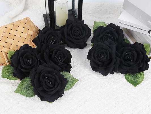 IPOPU 5 Inches Black Artificial Large Rose Heads Bulk Fake Black Roses with Stem 10pcs Faux Rose Silk Flower Head for DIY Wedding Bouquet Arrangements Gifts Gothic Decor