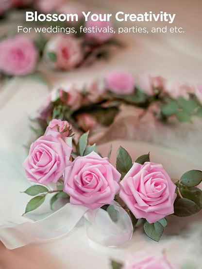 InnoGear Artificial Flowers, 50 Pcs Pink Foam Fake Roses Bulk with Stems for Decoration DIY Wedding Bouquets Centerpieces Bridal Shower Party Valentines Christmas Tree