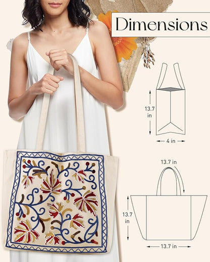 Aesthetic Embroidery Tote Bag for Women - Reusable Canvas Cute Shoulder Bag for Shopping, Grocery, Work, Book