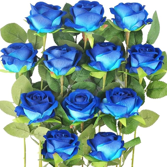 Jasion 12PCS Artificial Roses Realistic Velvet Silk Flowers Long Stem Faux Flowers Bouquet for Wedding Home Party Table Centerpieces Decorations (Blue)