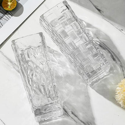 Clear Glass Vase for Flowers Esmiome Square Embossed Rectangle 6in High Glass Bud Vases Small Vase for Flowers Plant Terrarium Candle Holder Water Glasses for Wedding Centerpiece Office Table,IcePlate
