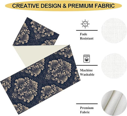 Vintage Damask Table Runner, Blue Classical Luxury Old Fashioned Damask Royal Victorian Flora Print Table Center Decor for Family Kitchen Table Decorations Indoor Outdoor 13x108 inch