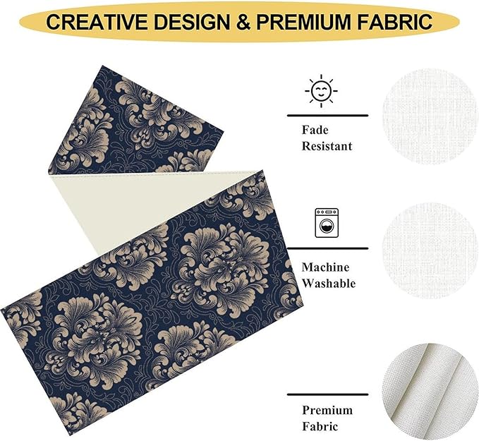 Vintage Damask Table Runner, Blue Classical Luxury Old Fashioned Damask Royal Victorian Flora Print Table Center Decor for Family Kitchen Table Decorations Indoor Outdoor 13x36 inch