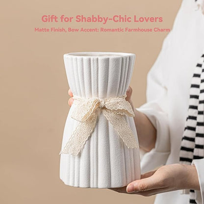 White Ceramic Vase with Lace Bow & Ribbed Texture - 7.7" Unique Flower Vase for Pampas Grass & Centerpieces, Farmhouse/Boho Decorative Vase for Living Room, Office Desk & Gift for Her/Yourself