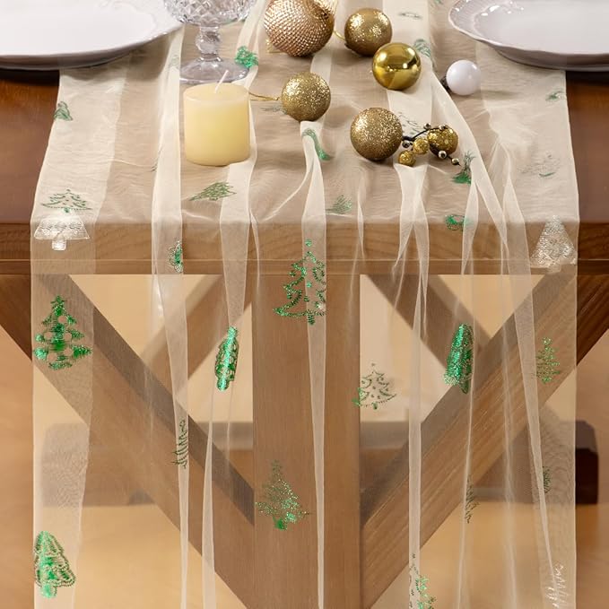 Socomi Christmas Tree Table Runner Gold Gauze Sheer Chiffon Cheesecloth Sequin 10FT Glitter Metallic Foil Dining Wedding Birthday Party Winter Holiday Centerpiece Table Decor Beige