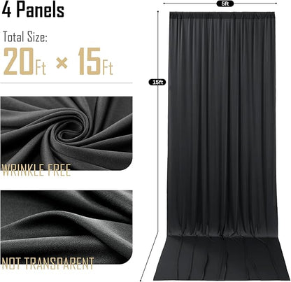 gogoparti 20x15 ft Black Backdrop Curtain for Weddings & Parties - 4-Panel Wrinkle-Free Polyester Drape, 15 FT Long for Birthday, Baby Shower, Halloween Photography Background