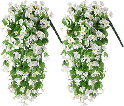Artificial Fake Hanging Flowers Plants for Outdoor Spring Summer Decoration, 2PCS Faux Silk Violet UV Resistant Look Real Trailing Vines for Outside Home Planter Porch Patio(White)