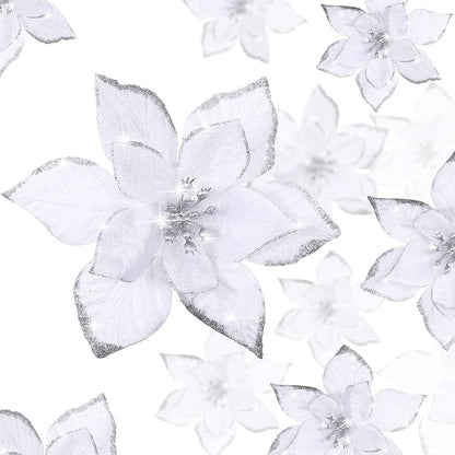 WILLBOND 24 Pcs 3 Size Poinsettia Flower Artificial Christmas Decor Glitter Poinsettia Christmas Ornaments Faux Flowers for Xmas Tree Outdoor(3.2/4/6 Inches,White)
