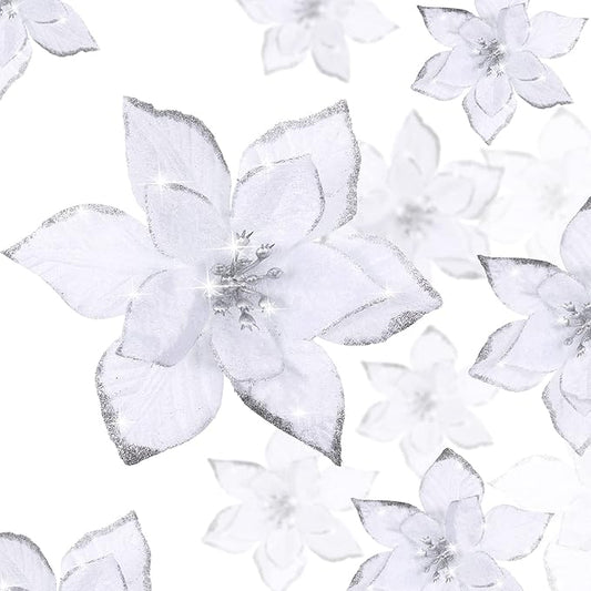 WILLBOND 24 Pcs 3 Size Poinsettia Flower Artificial Christmas Decor Glitter Poinsettia Christmas Ornaments Faux Flowers for Xmas Tree Outdoor(3.2/4/6 Inches,White)