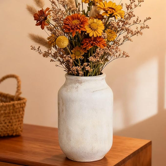 Rustic Ceramic Farmhouse Flower Large Vase, Whitewashed Terra Cotta Vase, Pottery Decorative Flower for Home Decor, Table, Living Room Decoration, Shelf Decor, Mantel, 9.5 Inch, White