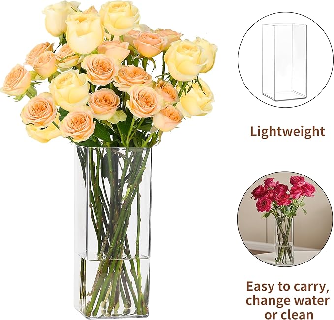 Acrylic Square Flower Vase, Non-breakable Vase, 5" x 5" x 12" Tall Clear Vases for Flower, Large Cube Floral Plant Container, Planter Terrarium for Wedding Party Event, Home Office Decor