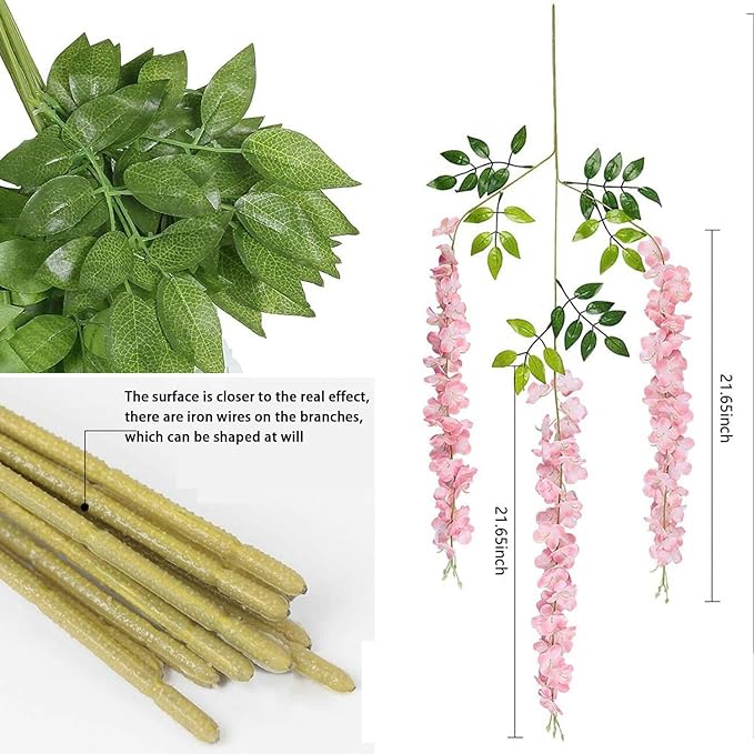 Artificial Wisteria Hanging Flowers Fake Wisteria Flower Garland Silk Vines Rattan Decor for Home Wedding Arch Wall Garden Greenery Bedroom Outdoor Office Party Decoration (24, Light Pink)