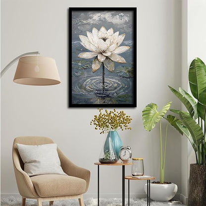 Stunning white lotus emerges from prismatic water with delicate petals background Serene aquatic wall art suitable for modern minimalist decor 8x12in Metal blackFramed