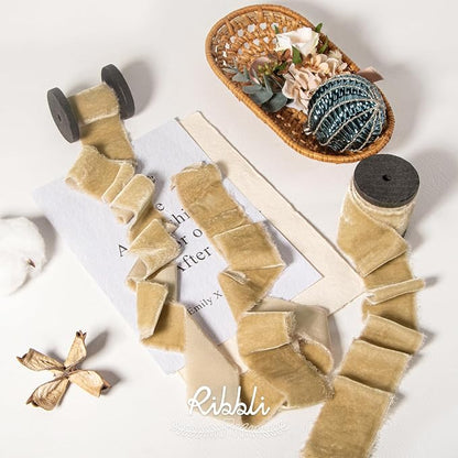 Ribbli Light Champagne Velvet Ribbon 1.5 Inch Handmade Frayed Christmas Ribbon for Gift Wrapping Christmas Tree Ornament Wreath Craft Home Decor -Total 3 Yards with Wooden Spool