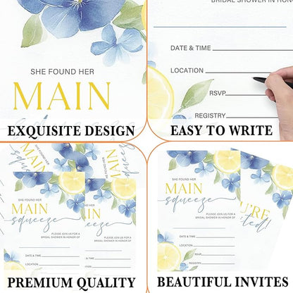 Main Squeeze Bridal Shower Invitations, Set of 25 Lemon Citrus Summer Bridal Shower Invites with Envelopes for Engagement Wedding Party-A10