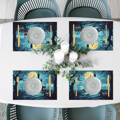 Halloween Castle Moon Scary Placemats Set of 6 PVC Vinyl Non Slip Table Mats Heat Resistant Place Mats Washable Wipeable Dining Table Mat for Kitchen Decor Party Indoor Outdoor Decorative Gift