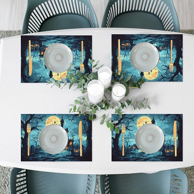 Halloween Castle Moon Scary Placemats Set of 1 PVC Vinyl Non Slip Table Mats Heat Resistant Place Mats Washable Wipeable Dining Table Mat for Kitchen Decor Party Indoor Outdoor Decorative Gift