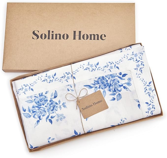 Solino Home Blue Floral Print Table Runner 120 Inches Long - 100% Pure Linen Table Runner 14 x 120 Inch - Handcrafted and Machine Washable - Jolie Fleur Print