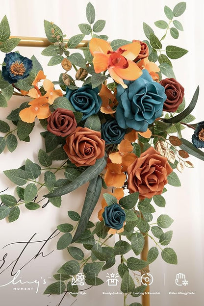 Ling's Moment Wedding Artificial Welcome Sign Flowers Swag Arch Floral Garland Decorations Teal Orange for Ceremony Reception Entrance Entryway Party Banquets Easel Wall Home Outdoor(NOT Include Sign)