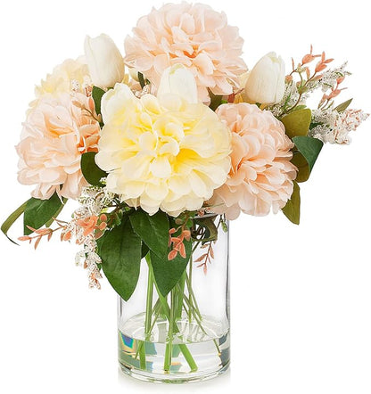 ENOVA FLORAL Artificial Tulips Flowers in Vase, Artificial Flowers Tulips Real Touch and Dahlia Silk Flower in Vase for Dining Table Decoration Wedding, Home Decor Indoor (Cream Pink)