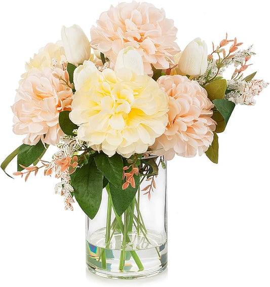 ENOVA FLORAL Artificial Tulips Flowers in Vase, Artificial Flowers Tulips Real Touch and Dahlia Silk Flower in Vase for Dining Table Decoration Wedding, Home Decor Indoor (Cream Pink)