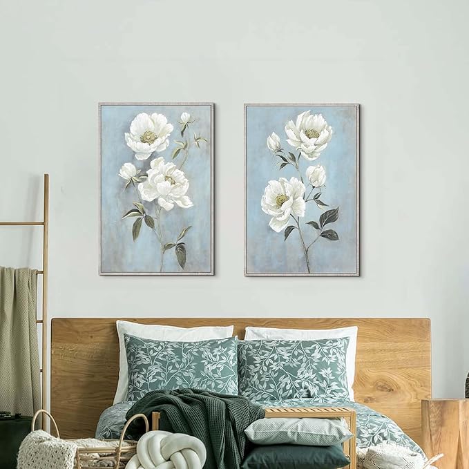 Flower Canvas White Wall Art: Living Room 2 Pieces Floral Prints Abstract Artwork Vintage Peony Bouquet Botanical Painting Picture for Bedroom Bathroom Home Office