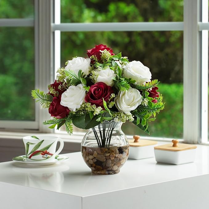 ENOVA FLORAL 18 Heads Silk Rose Artificial Flowers in Vase,Faux Rose Flowers Arrangement in Round Bowl Vase with Faux Water and River Rock for Table Decor Centerpieces (Burgundy Cream)